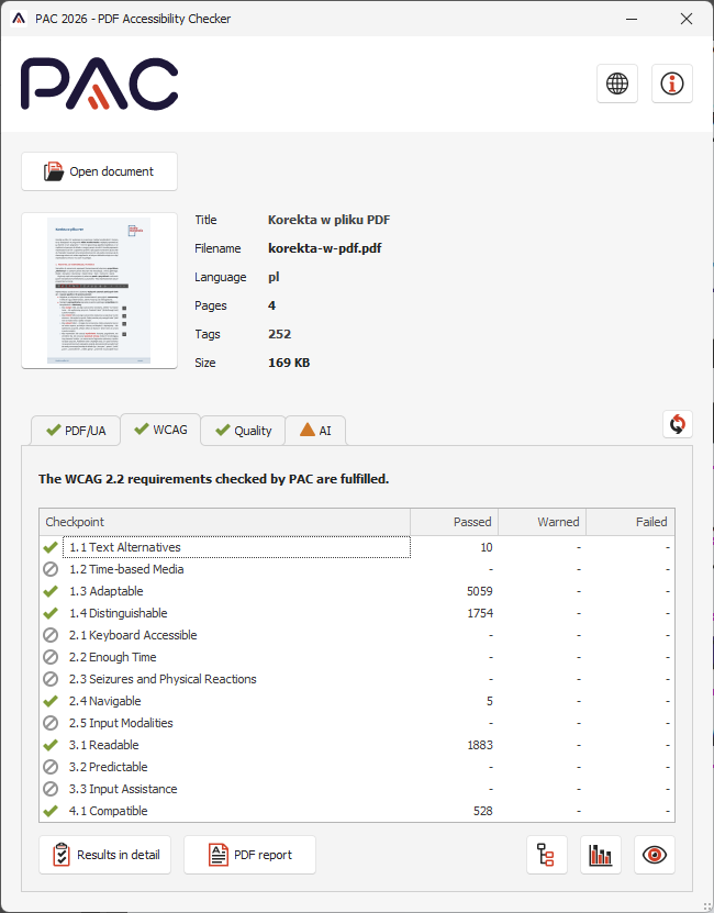 Komunikat walidacji pliku PDF. Kryteria WCAG 2.2 spełnione; tablica kontrolna bez ostrzeżeń i błędów.